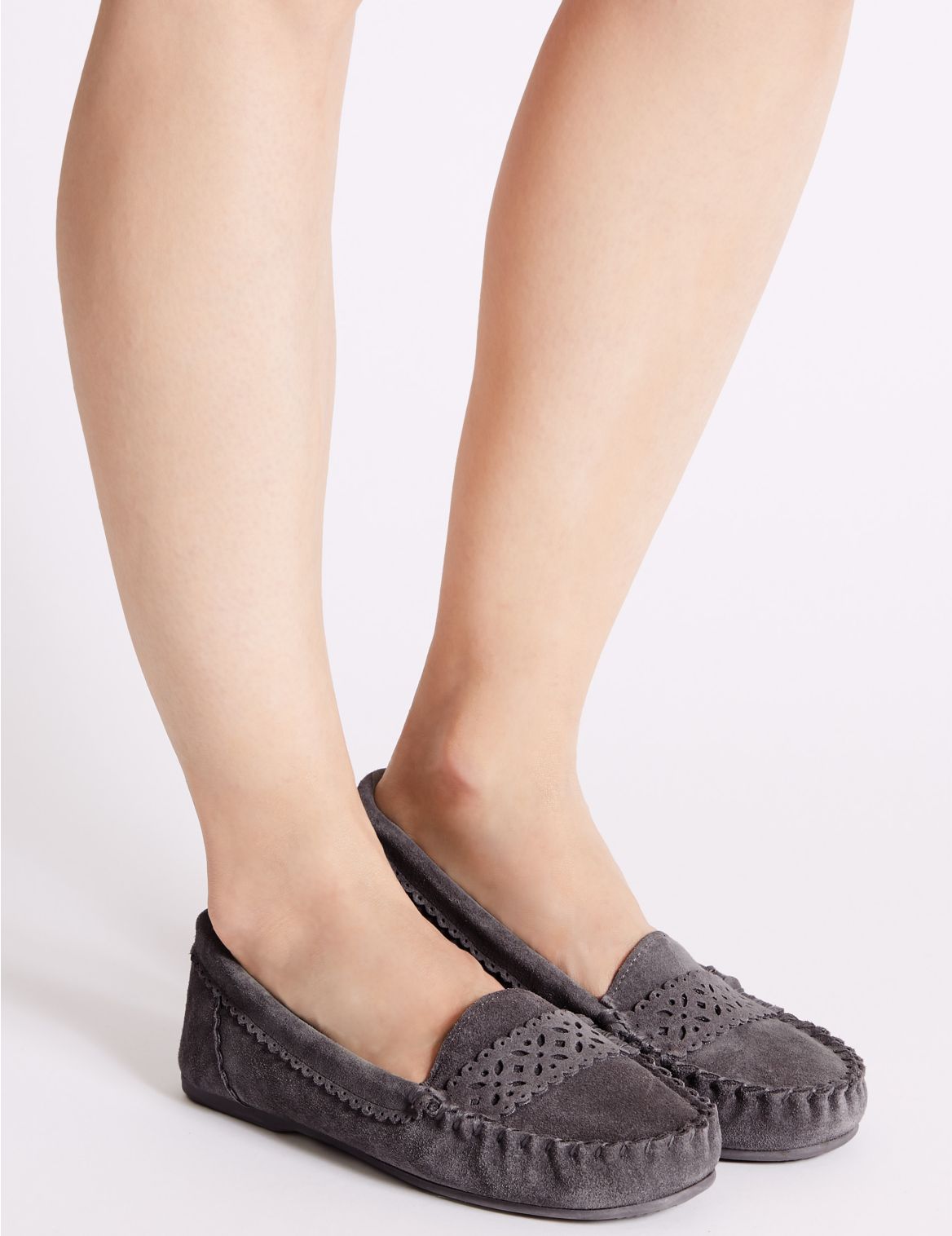 Marks & Spencer Suede Laser Detail Moccasin Slippers - Grey - 3