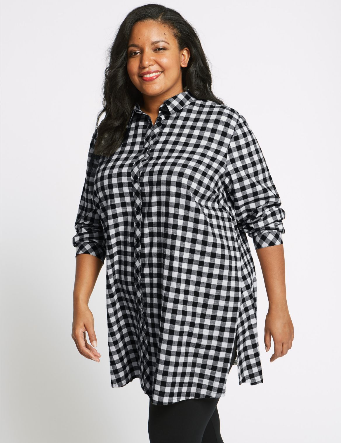 Marks & Spencer CURVE Pure Cotton Checked Longline Shirt - Black - 20