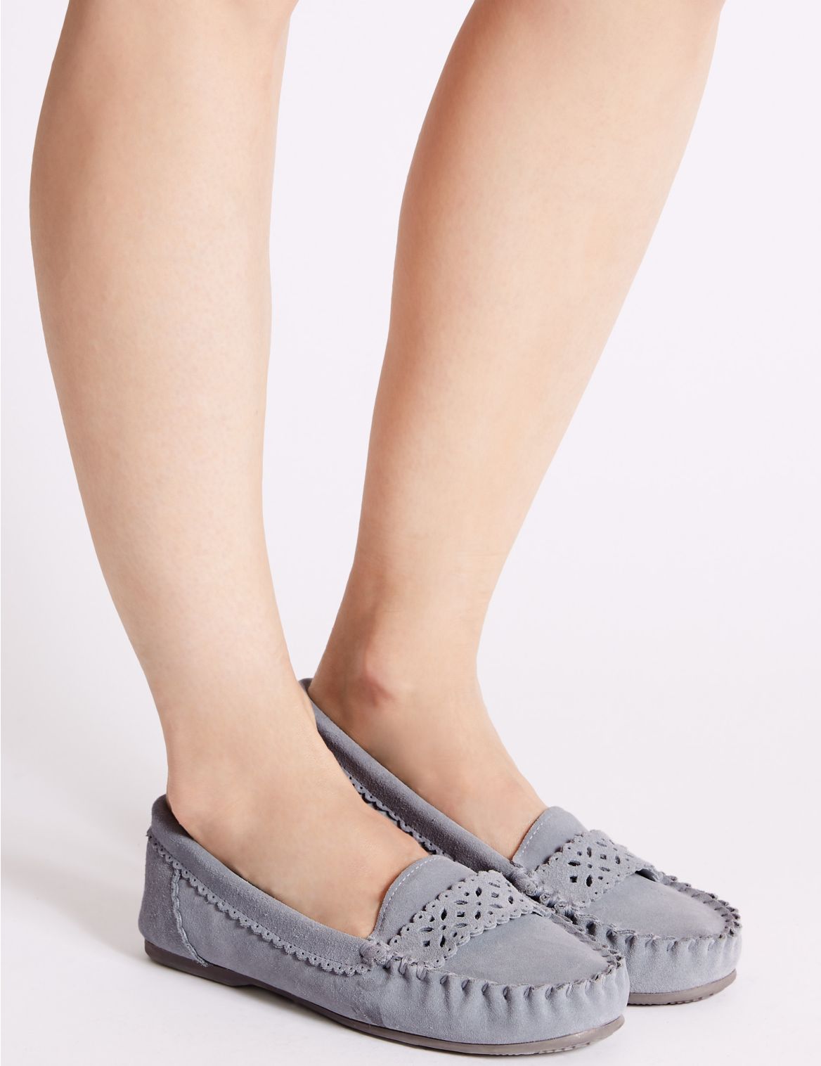 Marks & Spencer Suede Laser Detail Moccasin Slippers - Blue - 4