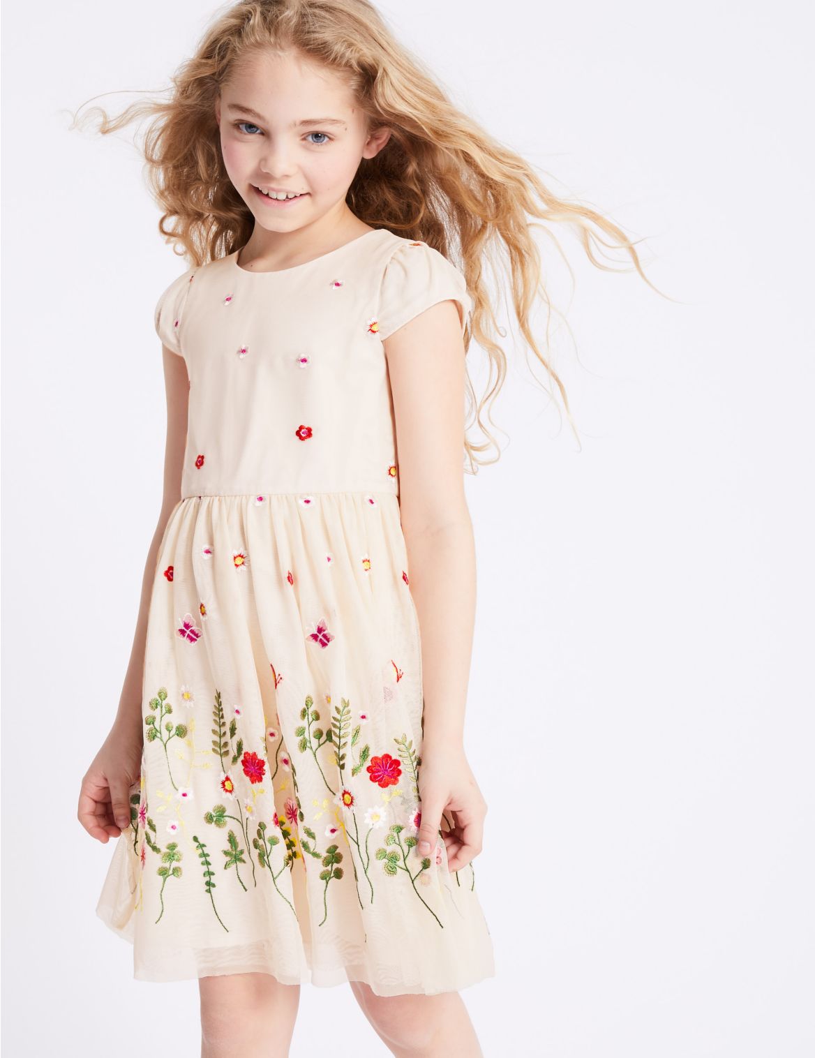 Marks & Spencer Floral Embroidered Dress (3-16 Years) - Grey - 4-5 Y