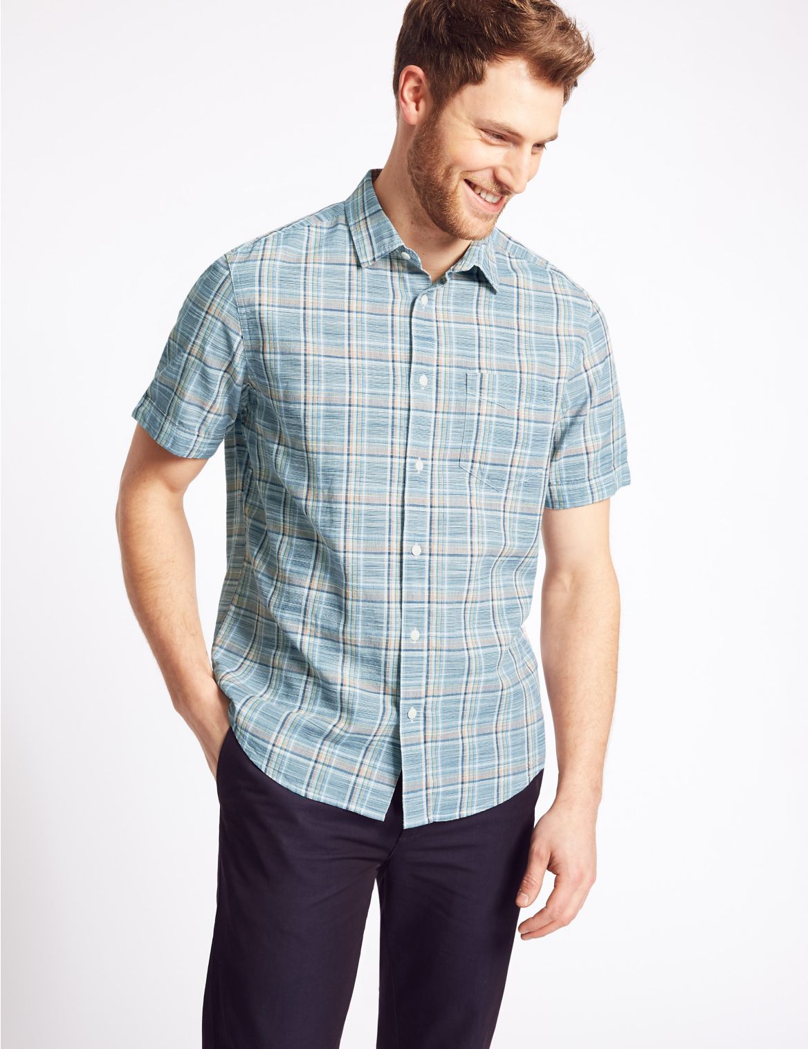 Marks & Spencer Pure Cotton Checked Shirt with Pocket - Blue - XXL