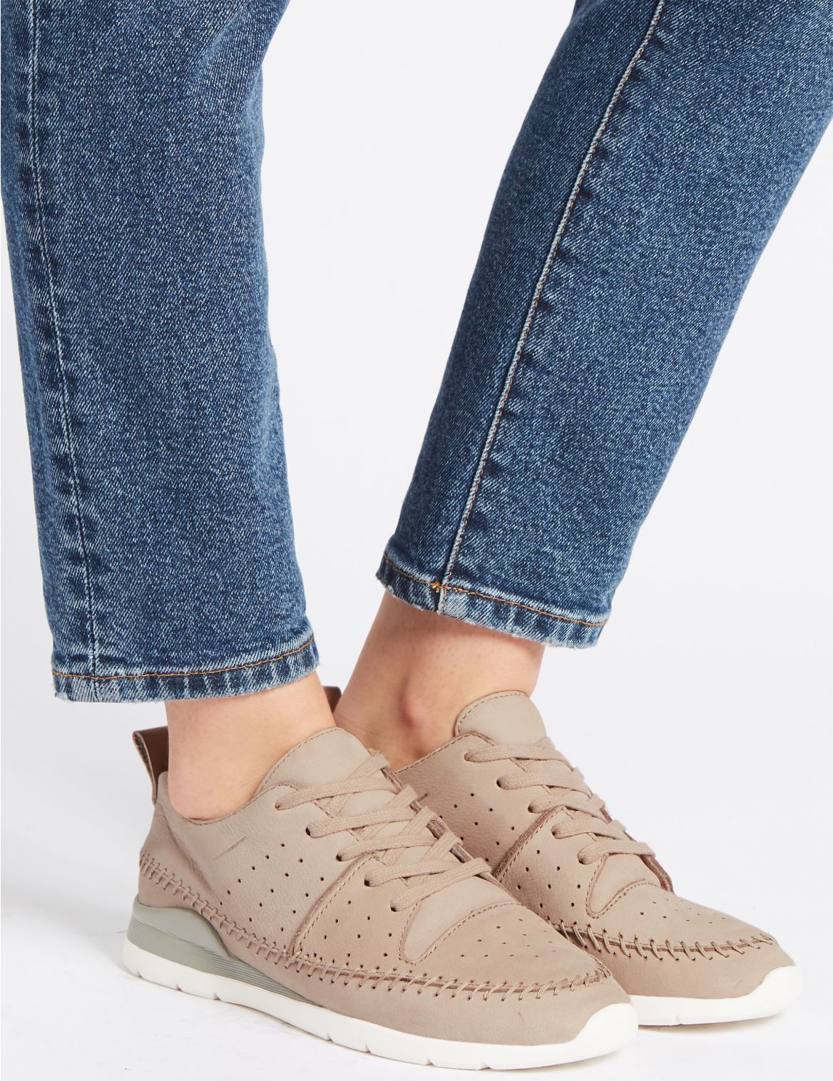 Marks & Spencer Suede Whipstitch Lace-up Trainers - Cream - 3