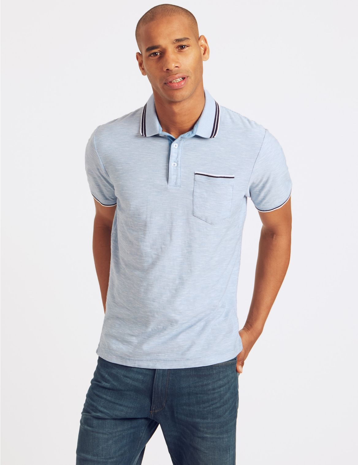 Marks & Spencer Slim Fit Pure Cotton Striped Polo Shirt - Blue - XXL-STD