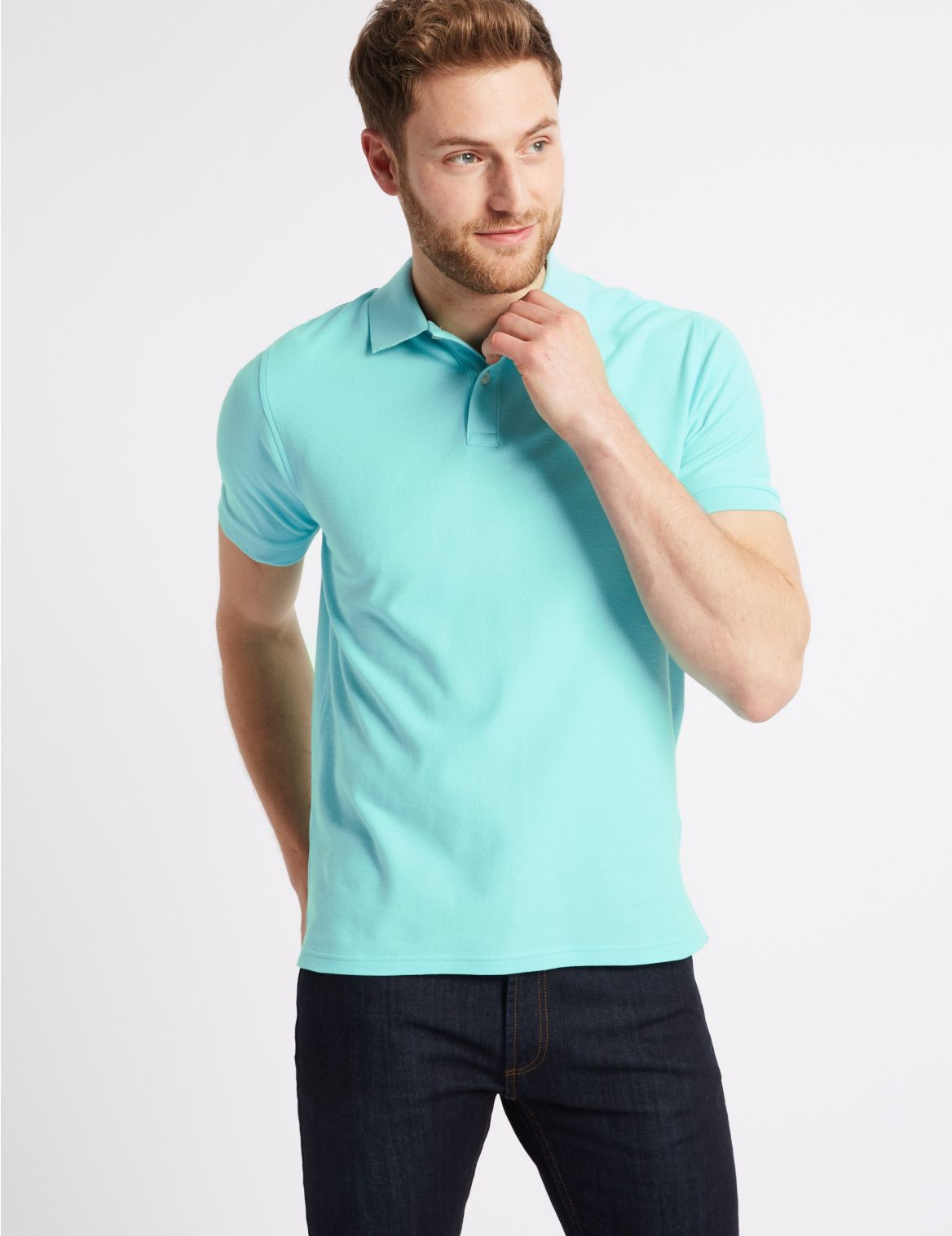 Marks & Spencer Slim Fit Pure Cotton Polo Shirt - White, Turquoise - XXL-STD