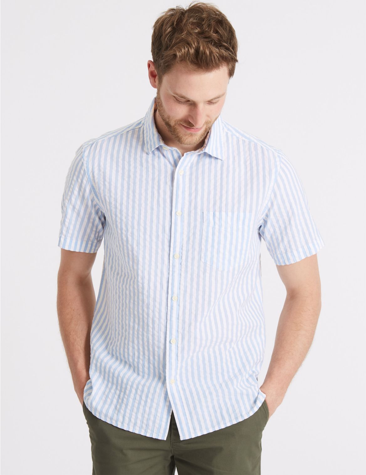 Marks & Spencer Pure Cotton Striped Shirt with Pocket - Blue - XXL