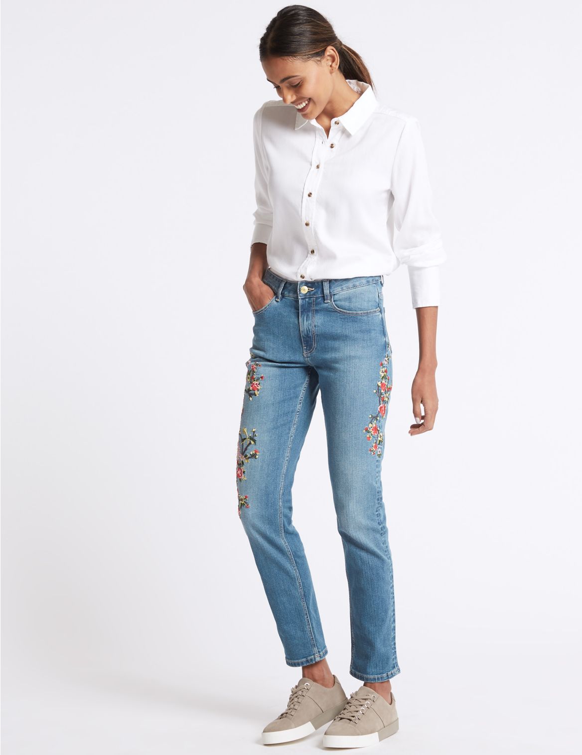 Marks & Spencer Floral Embroidered Mid Rise Jeans - Blue - 8-SHT