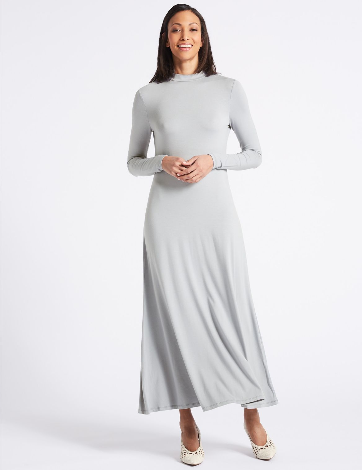 Marks & Spencer Jersey Turtle Neck Tunic Maxi Dress - Silver - 8-REG