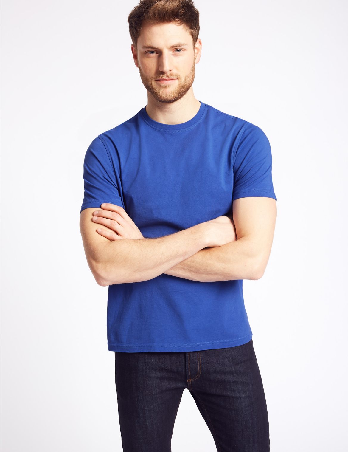 Marks & Spencer Slim Fit Pure Cotton Crew Neck T-Shirt - Blue - S-STD