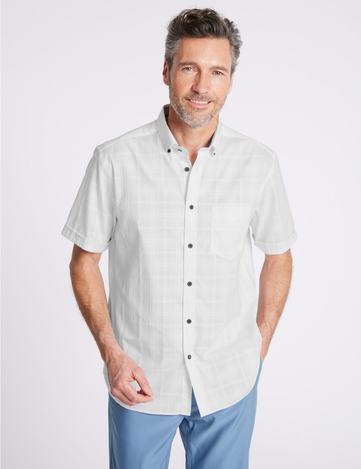 Marks & Spencer 2in Longer Pure Cotton Textured Shirt with Pocket - White - S