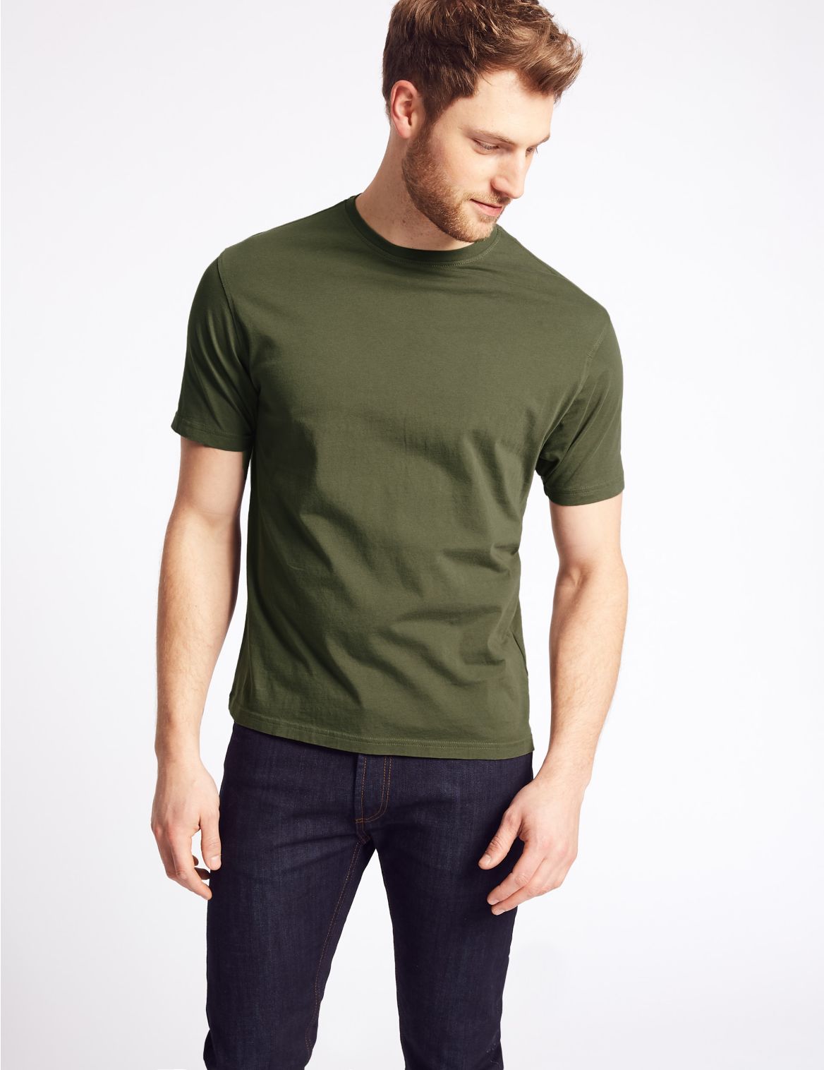 Marks & Spencer Slim Fit Pure Cotton Crew Neck T-Shirt - Khaki - XL-STD