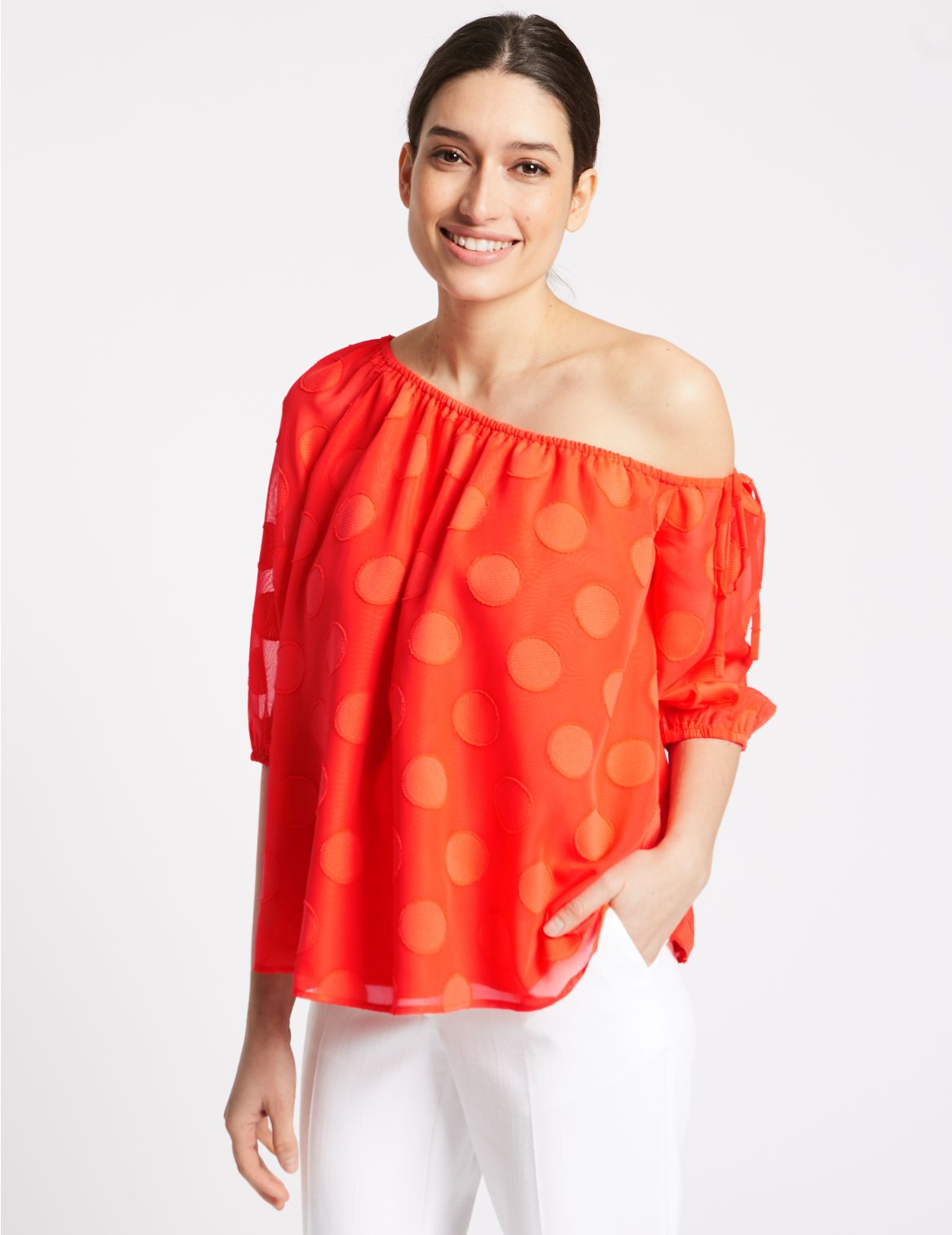 Marks & Spencer Spotted 3/4 Sleeve Cold Shoulder Top - Orange - 6