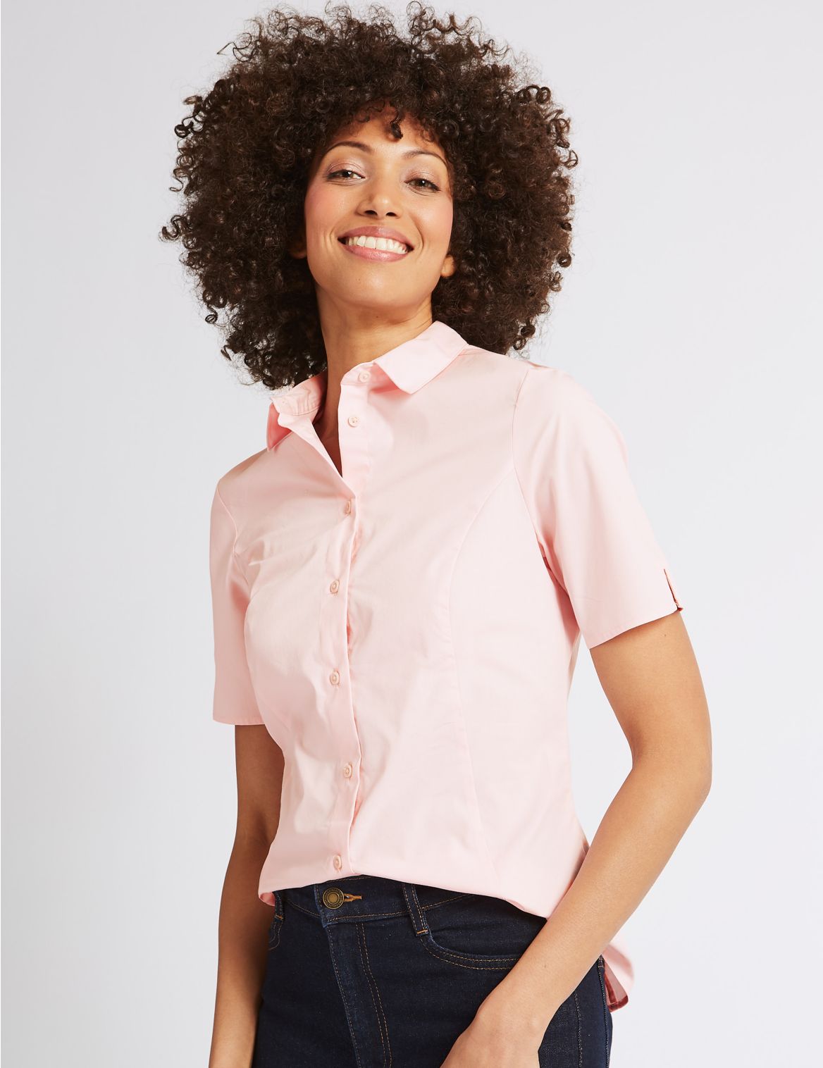 Marks & Spencer Cotton Rich Short Sleeve Shirt - Pink - 8