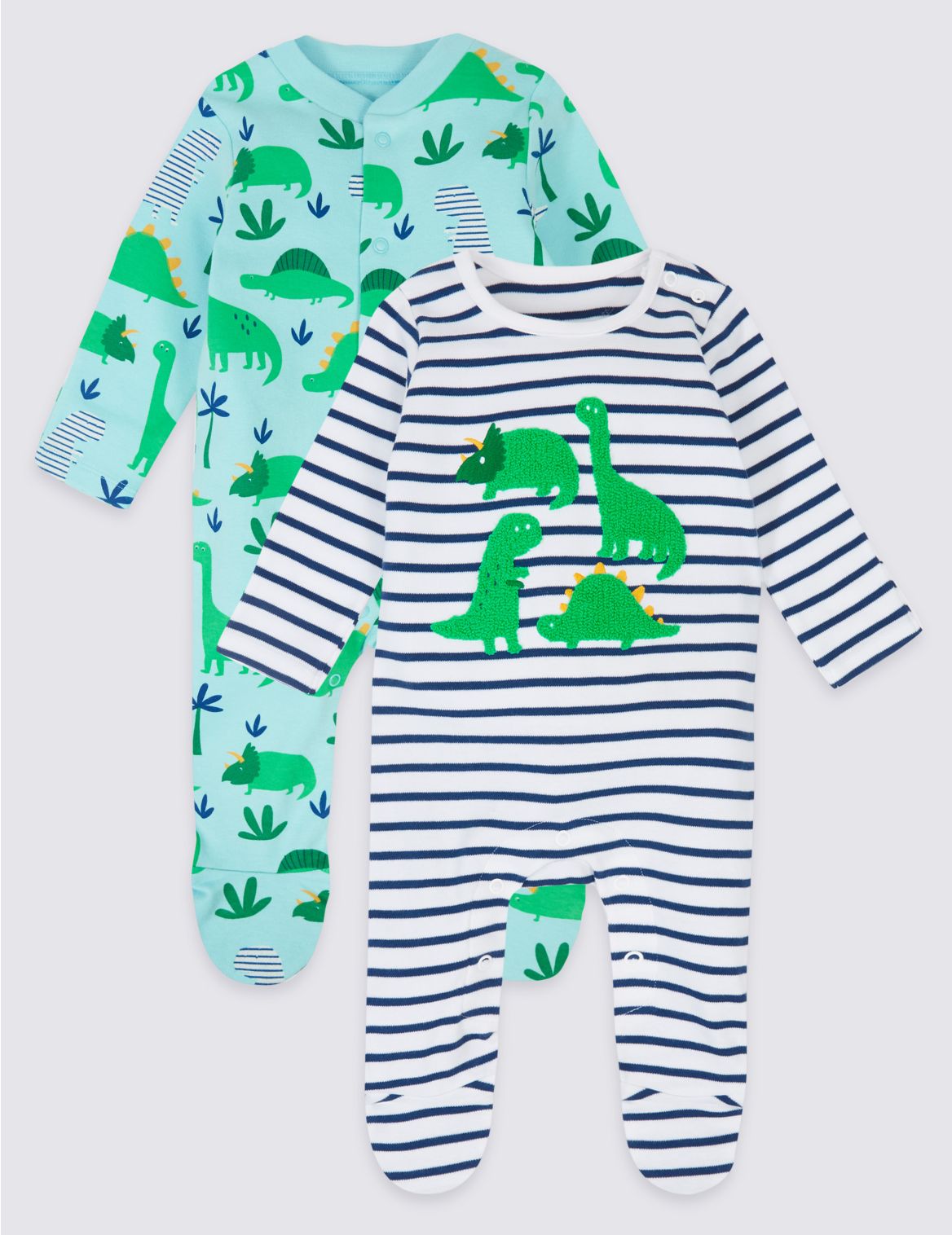 Marks & Spencer 2 Pack Pure Cotton Dinosaur Sleepsuits - Pink - NB