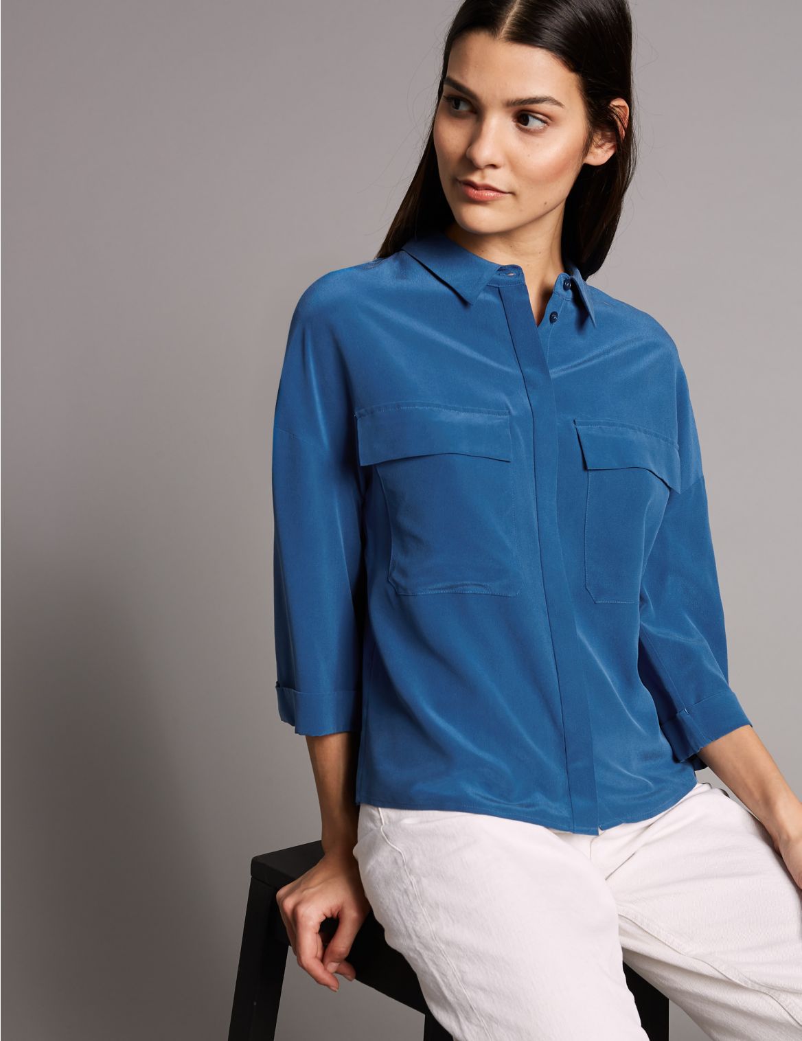 Marks & Spencer Pure Silk 3/4 Sleeve Shirt  - Blue - 6