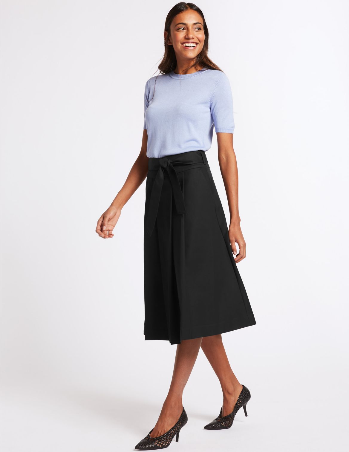 Marks & Spencer Cotton Rich Belted Full Midi Skirt - Black - 22