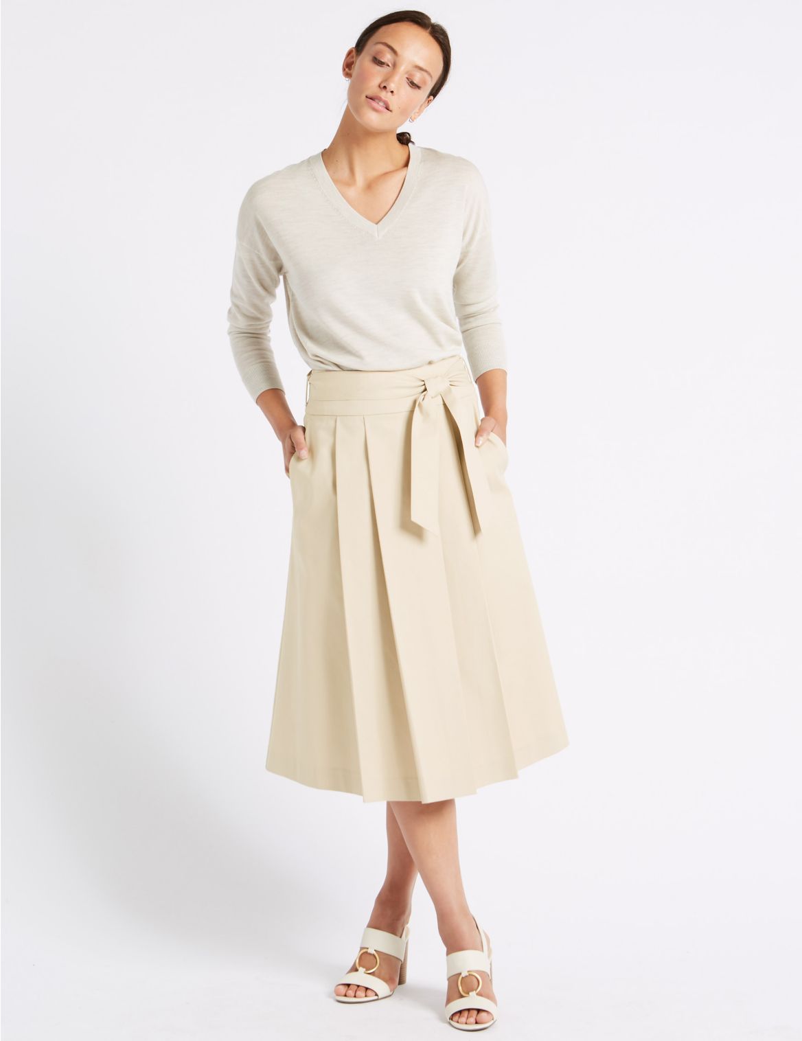 Marks & Spencer Cotton Rich Belted Full Midi Skirt - Cream - 10