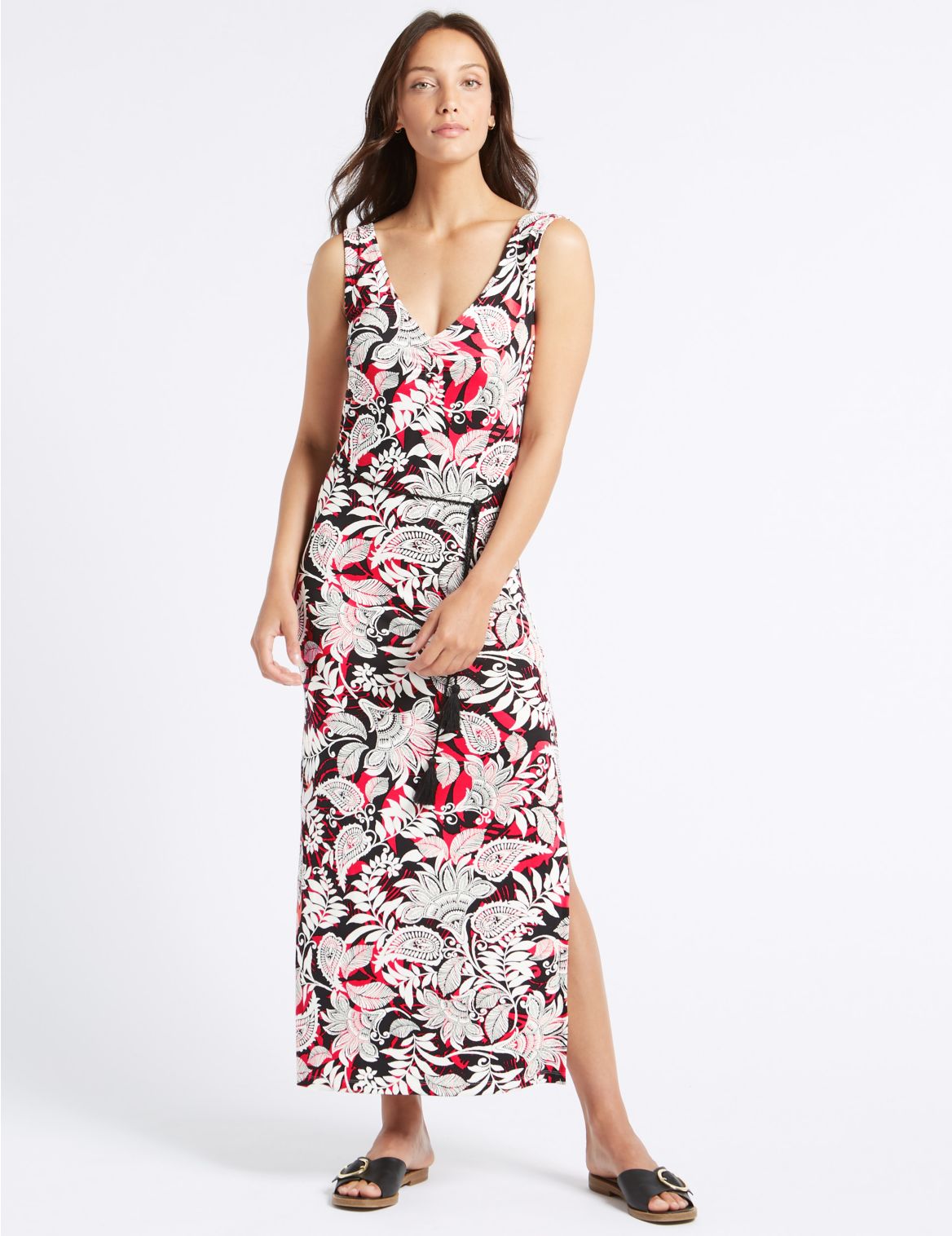 Marks & Spencer Paisley Print Slip Maxi Dress  - Black - 6-REG