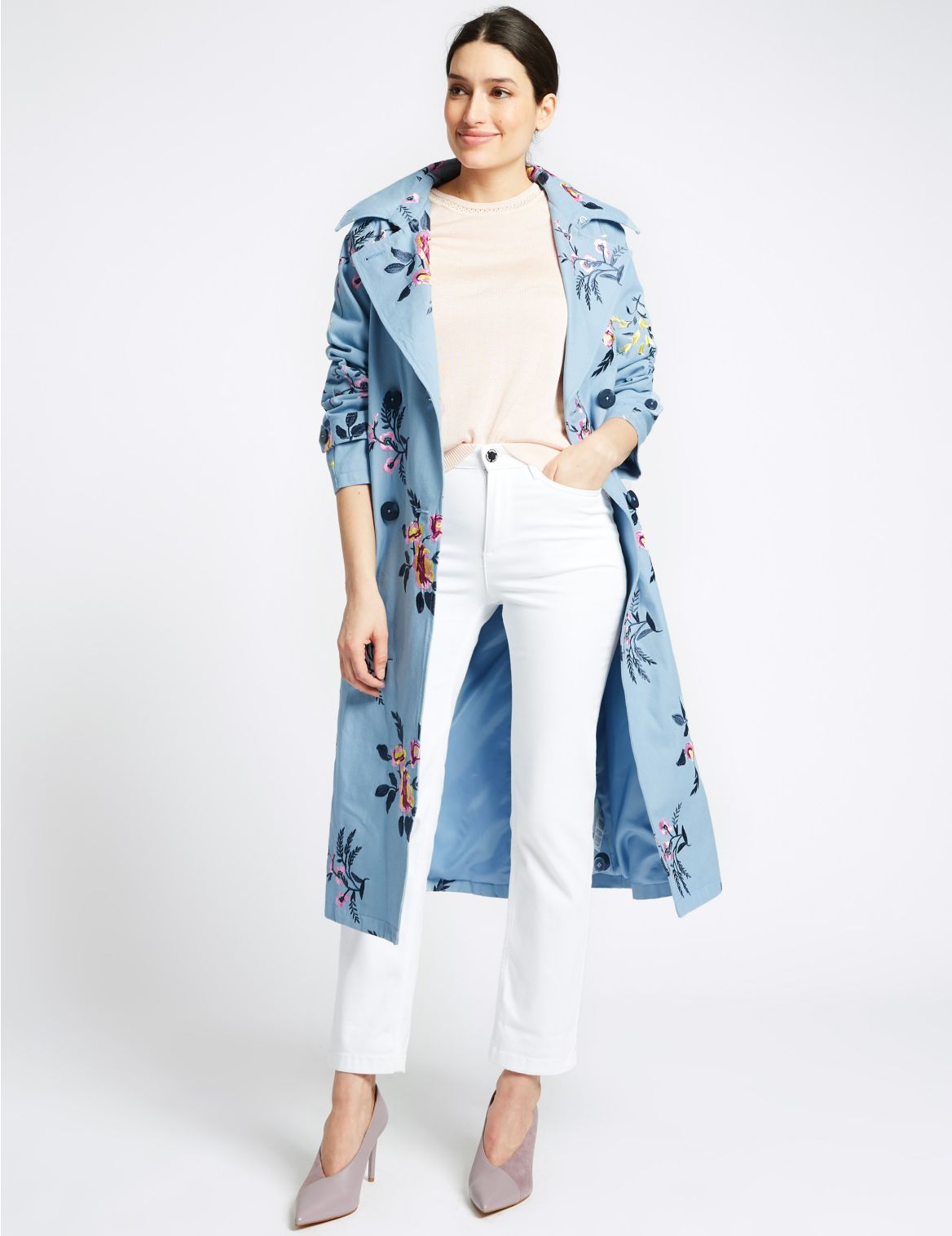 Marks & Spencer Pure Cotton Embroidered Trench Coat  - Blue - 8