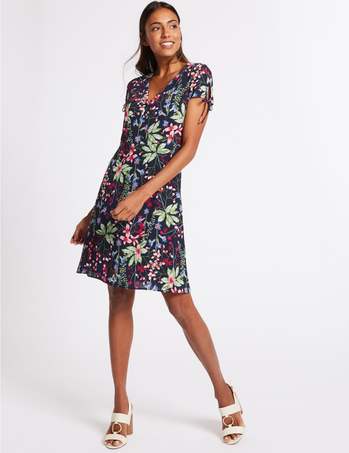 Marks & Spencer Floral Print Short Sleeve Tea Dress - Navy - 6-REG