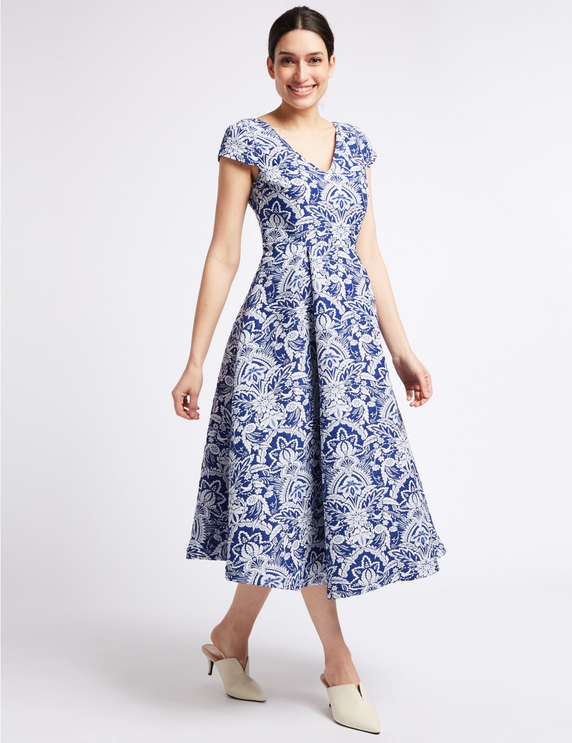 Marks & Spencer Floral Print Jacquard Prom Dress - Blue - 6-REG