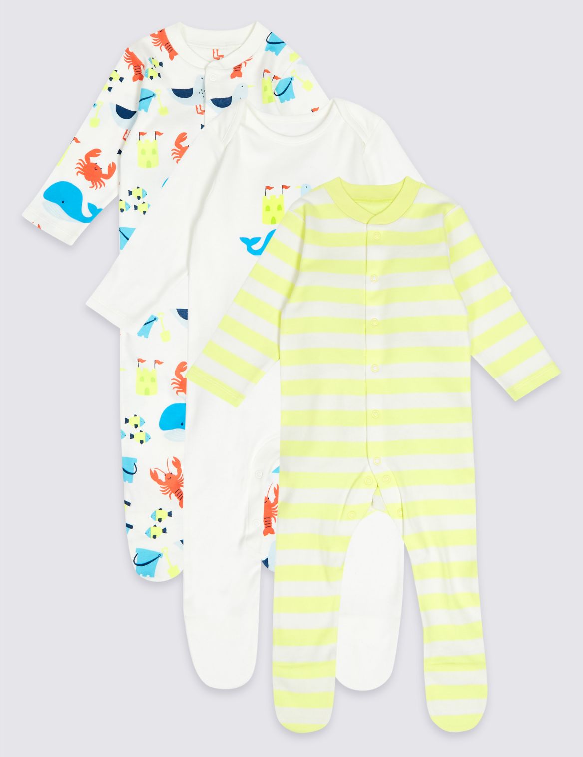 Marks & Spencer 3 Pack Pure Cotton Sea life Sleepsuits - White - NB