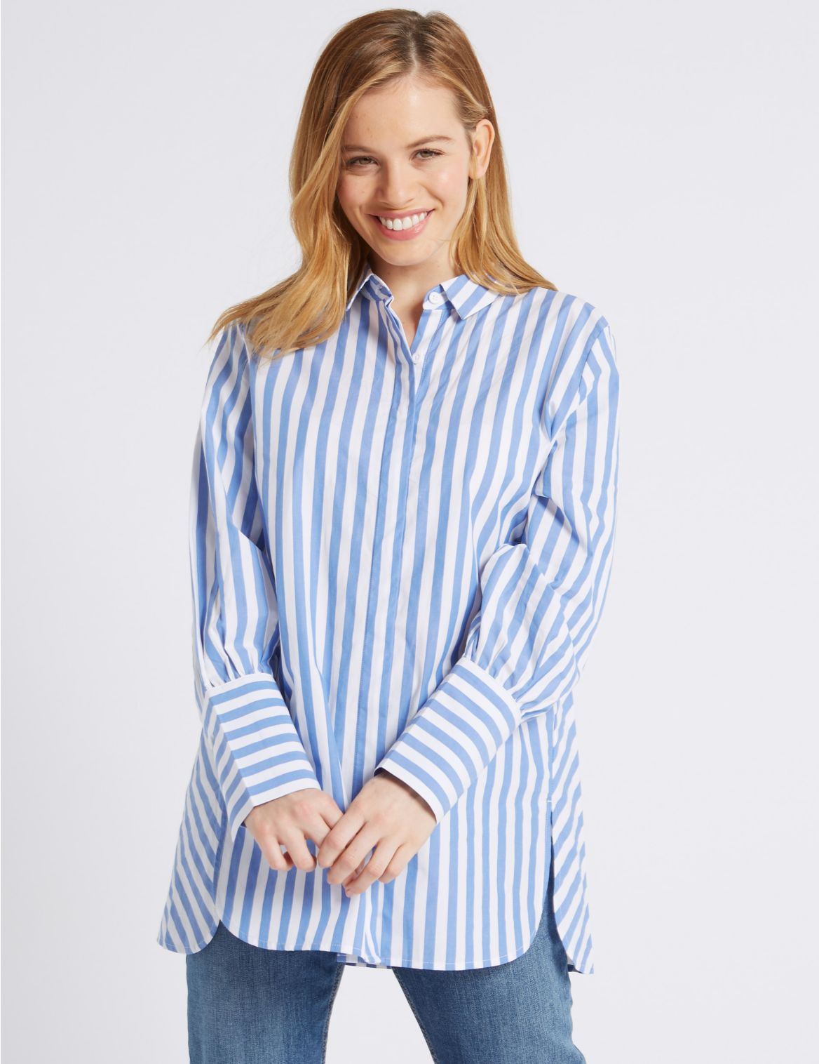 Marks & Spencer PETITE Pure Cotton Striped Long Sleeve Shirt - Blue - 6-PET