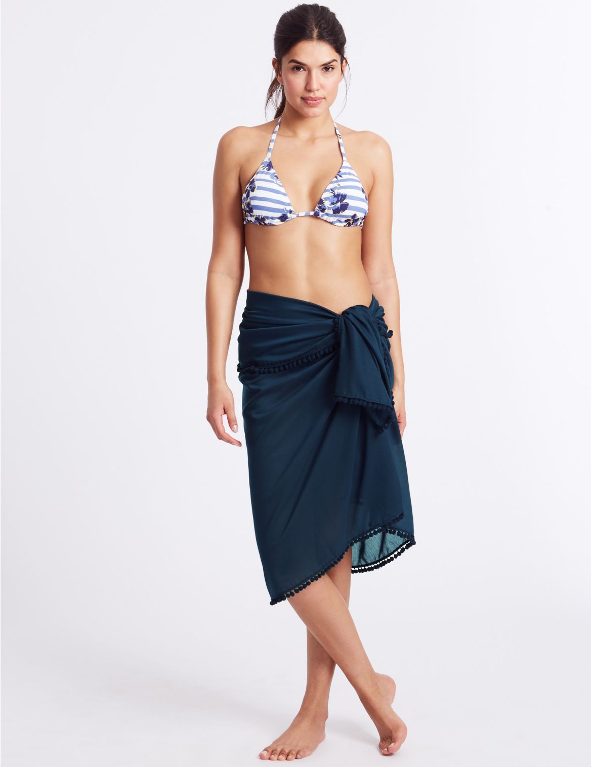 Marks & Spencer Pom-Pom Hem Sarong - Blue, Black - 1SIZE