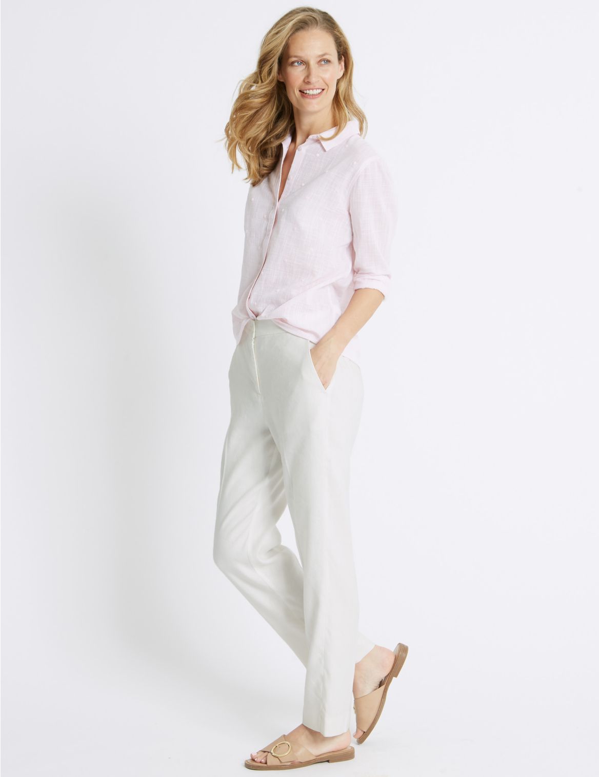 Marks & Spencer Linen Blend Straight Leg Trousers  - White - 8-REG