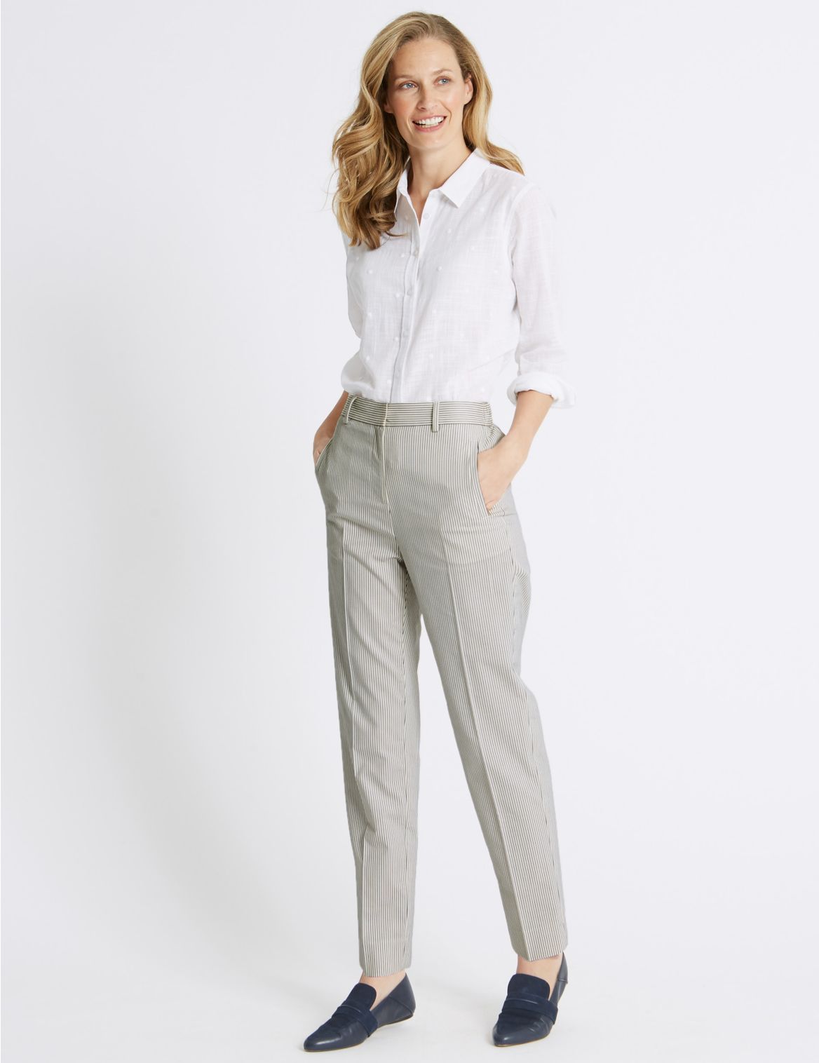 Marks & Spencer Cotton Blend Striped Straight Leg Trousers - White - 8-SHT