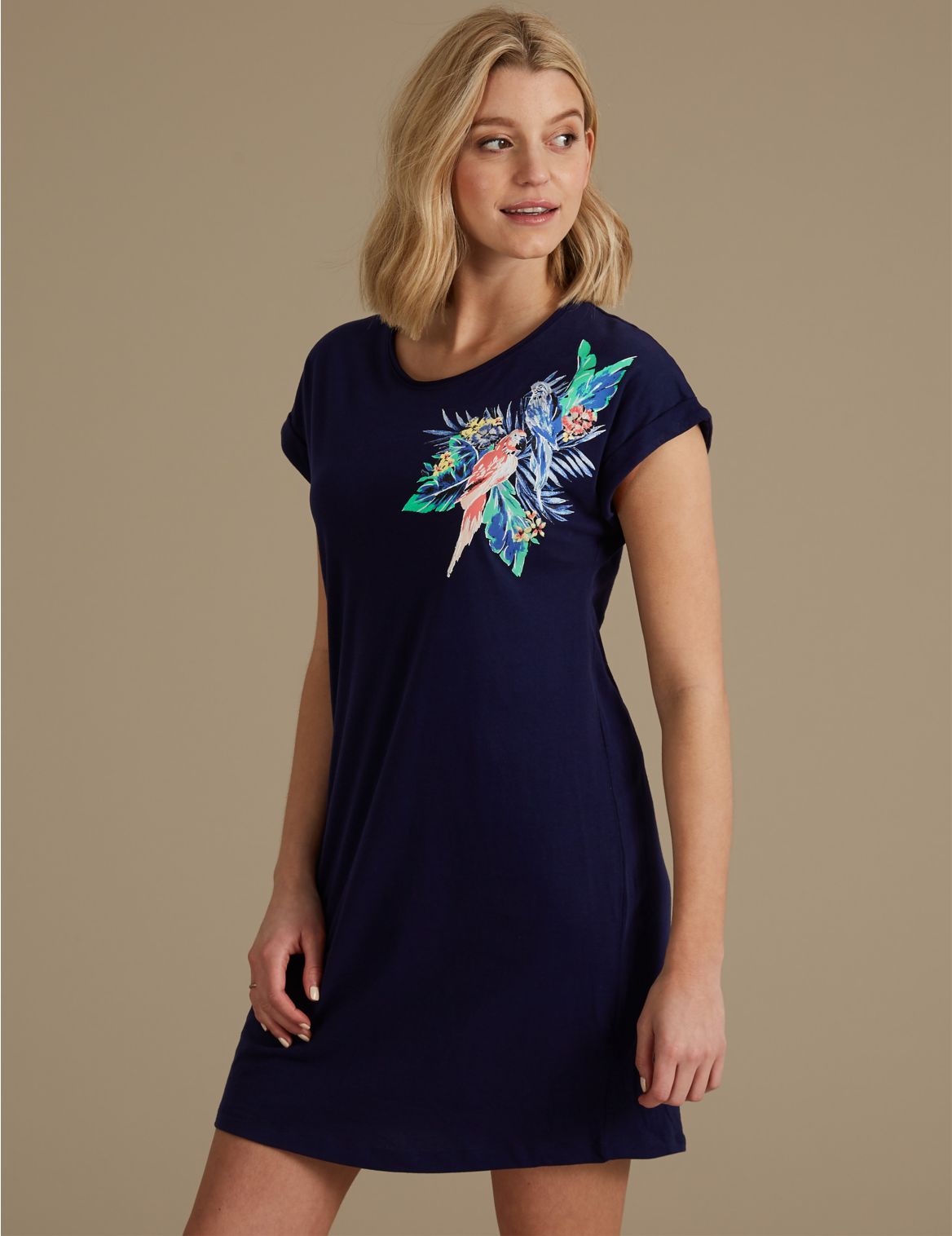 Marks & Spencer Pure Cotton Parrot Print Short Nightdress - Navy - 6