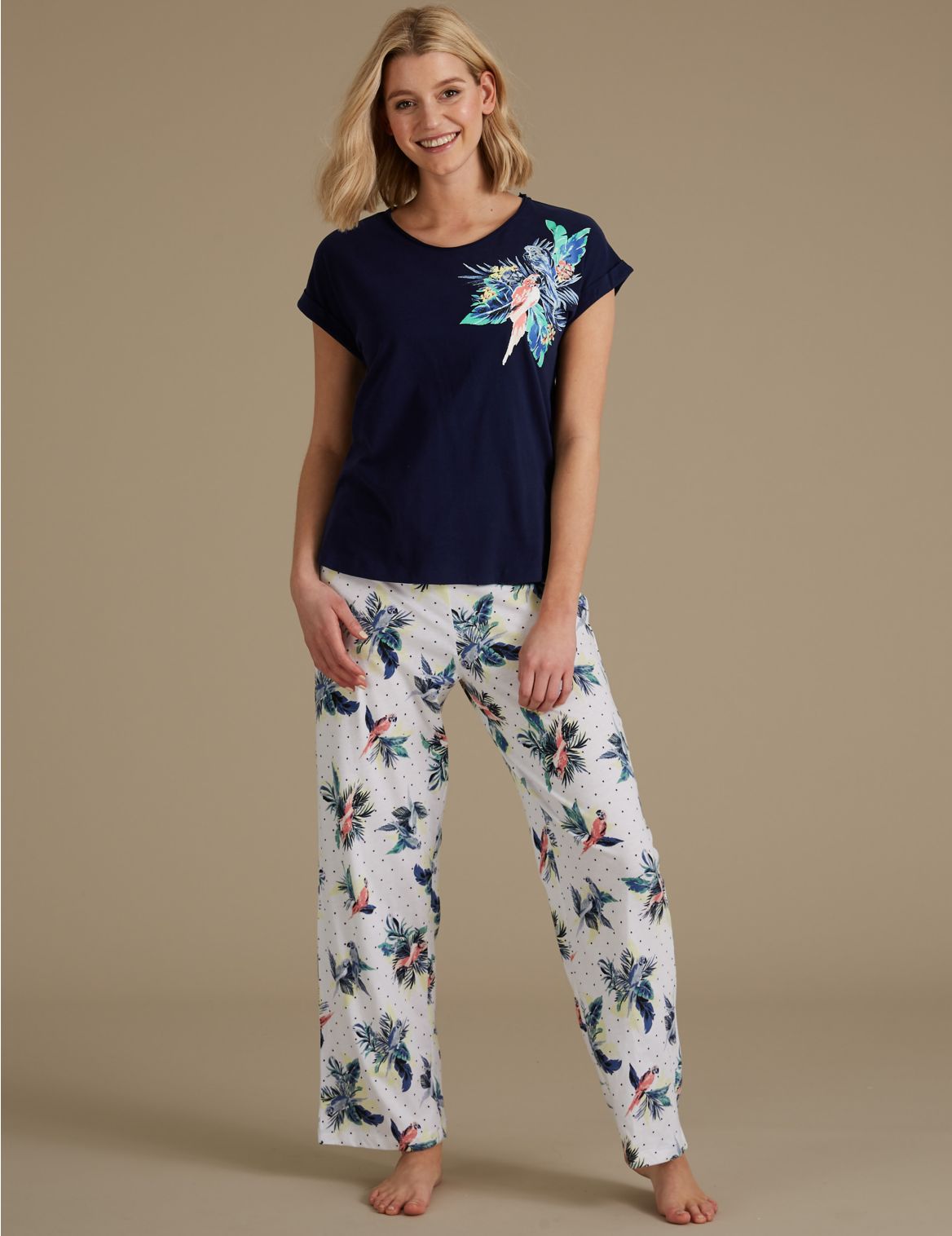 Marks & Spencer Pure Cotton Parrot Print Pyjama Set - Blue - 8