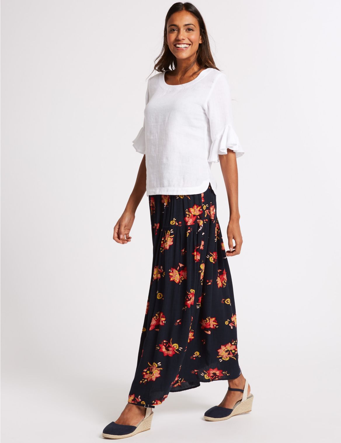 Marks & Spencer Floral Print Crinkle Full Maxi Skirt  - Navy - 8-LNG