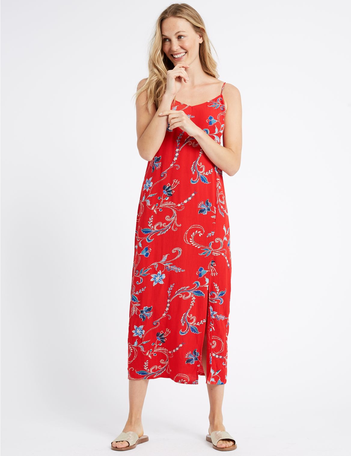 Marks & Spencer Floral Print Slip Maxi Dress - Red - 10-REG