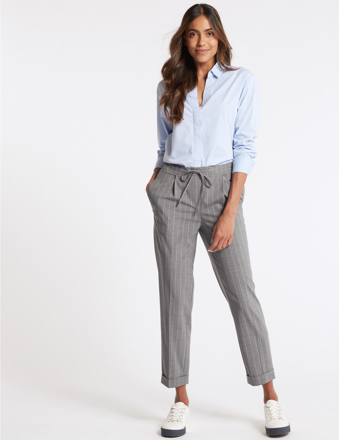 Marks & Spencer Drawstring Striped Tapered Leg Trousers - Grey - 6-REG