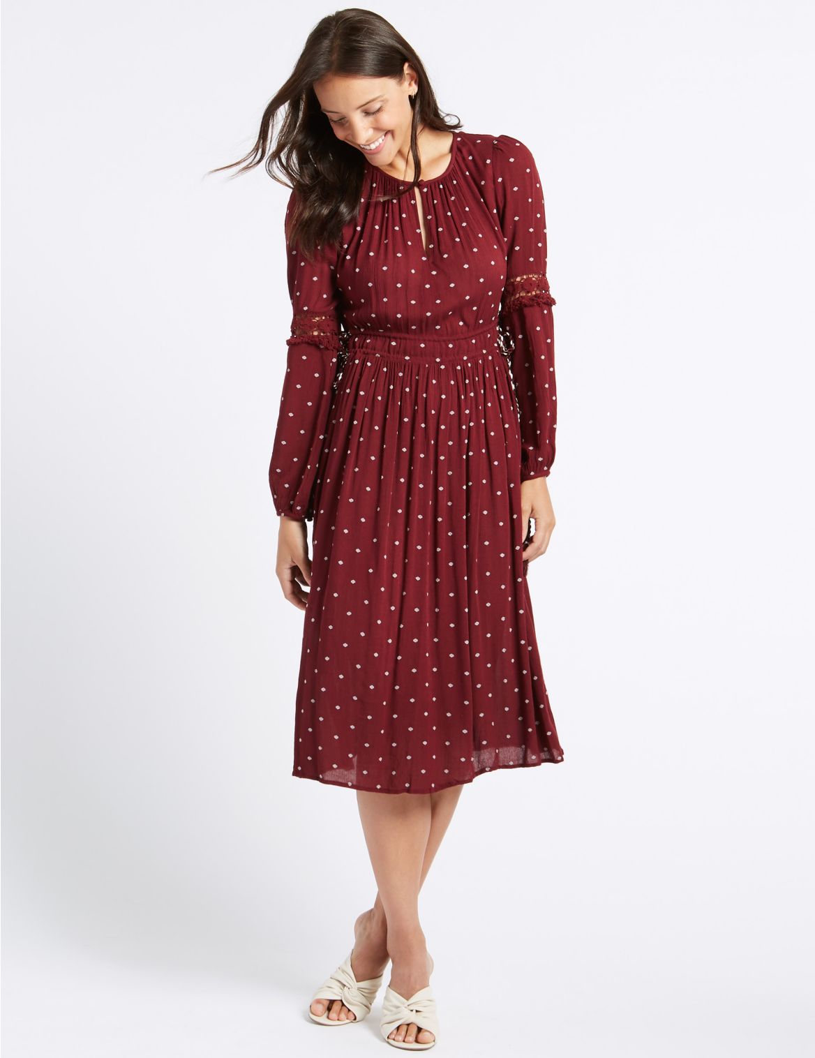 Marks & Spencer Spotted Long Sleeve Swing Midi Dress  - Orange - 6-REG