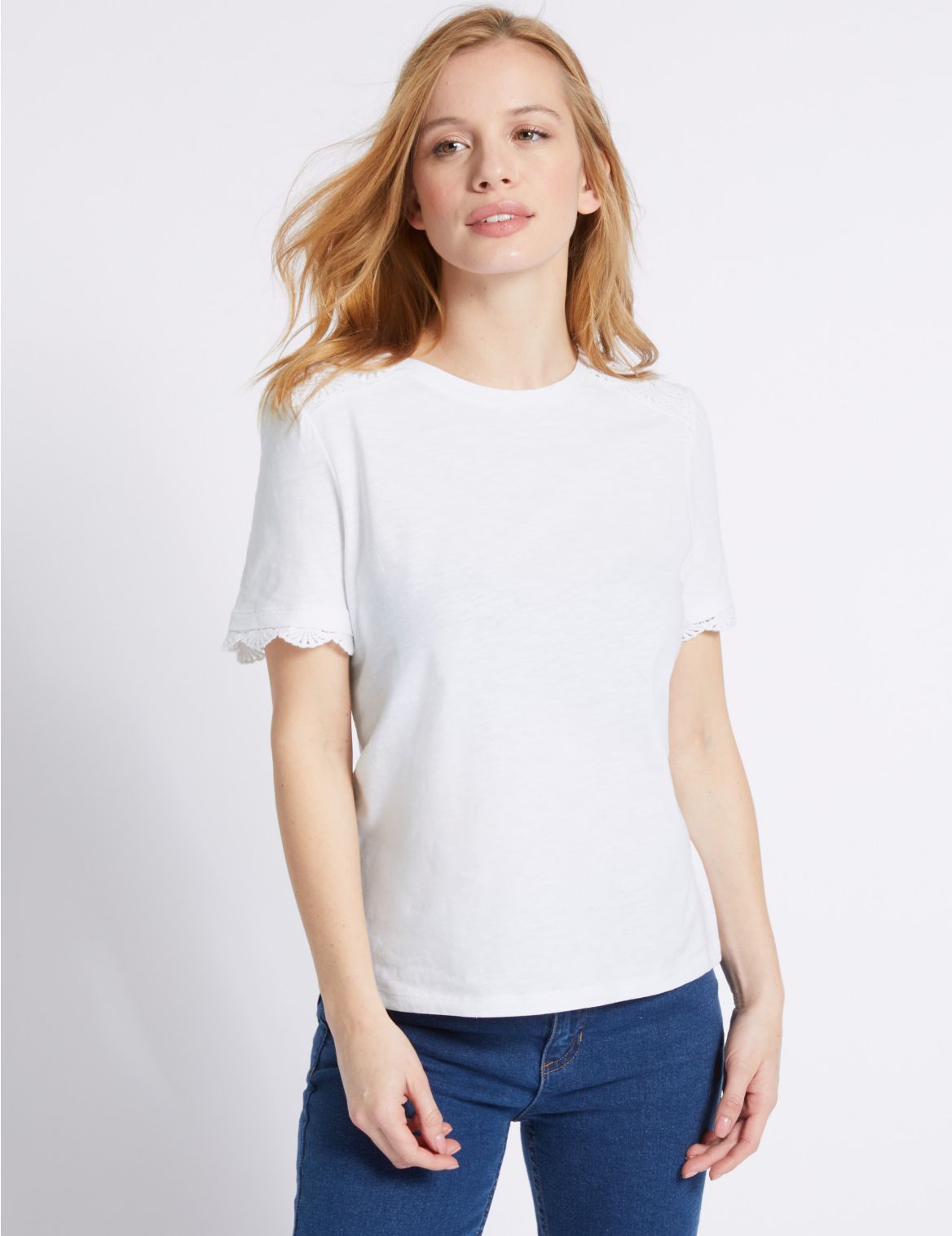 Marks & Spencer PETITE Pure Cotton Lace Short Sleeve T-Shirt  - White - 12-PET