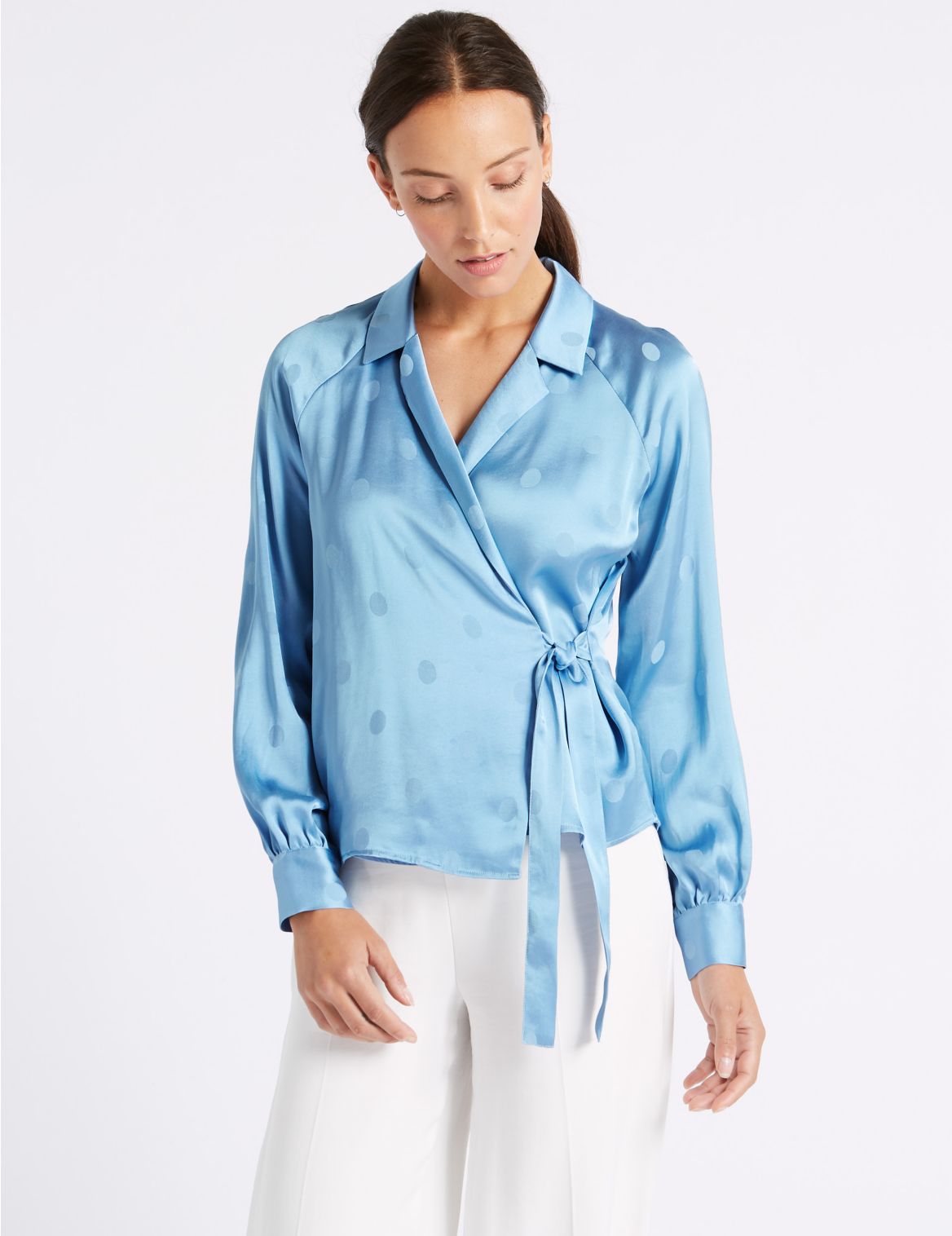 Marks & Spencer Spotted Satin V-Neck Long Sleeve Blouse  - Blue - 12