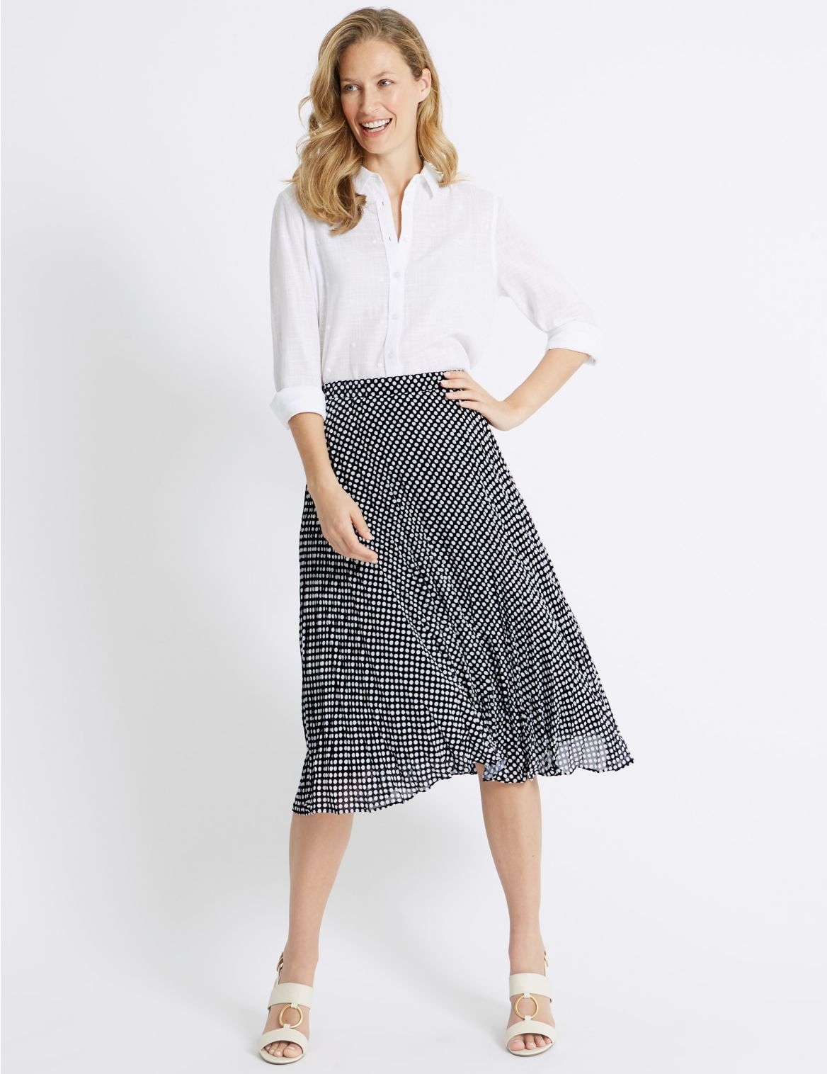 Marks & Spencer Spotted Pleat A-Line Midi Skirt - Blue - 6-LNG