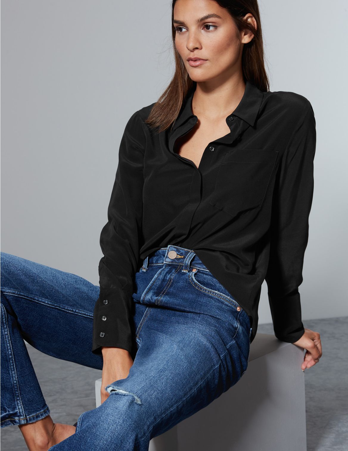 Marks & Spencer Pure Silk Long Sleeve Shirt  - Black - 8