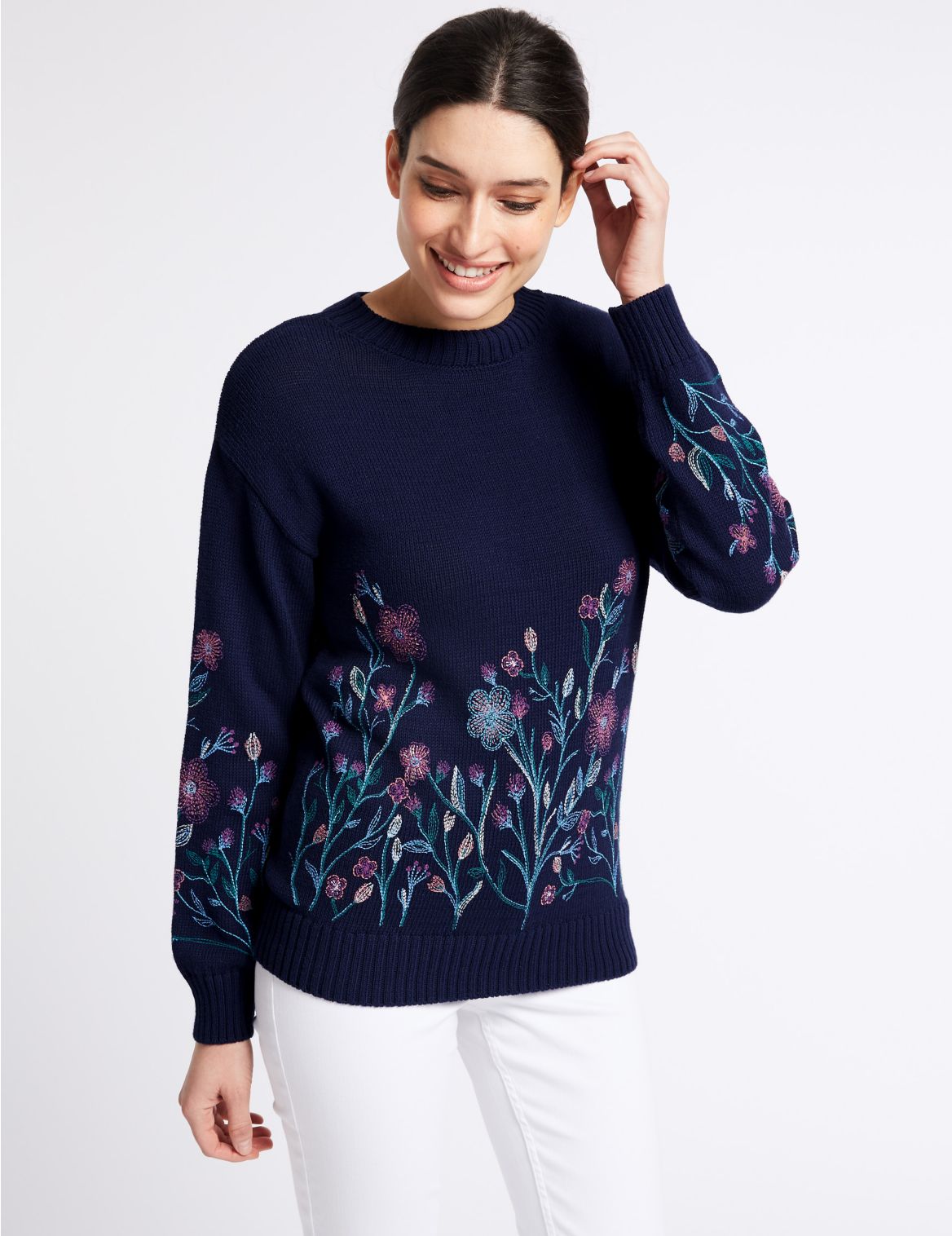 Marks & Spencer Pure Cotton Embroidered Look Print Jumper - Blue, Black - S