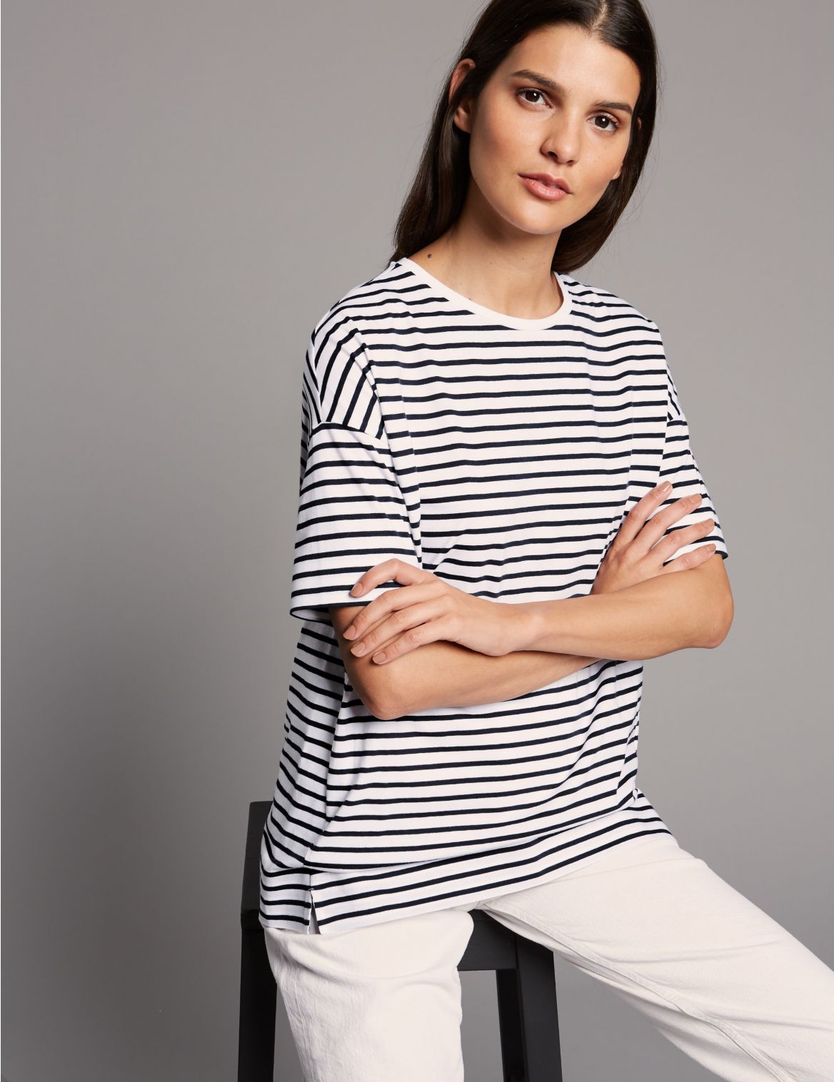 Marks & Spencer Pure Cotton Striped Short Sleeve Top  - White - 6