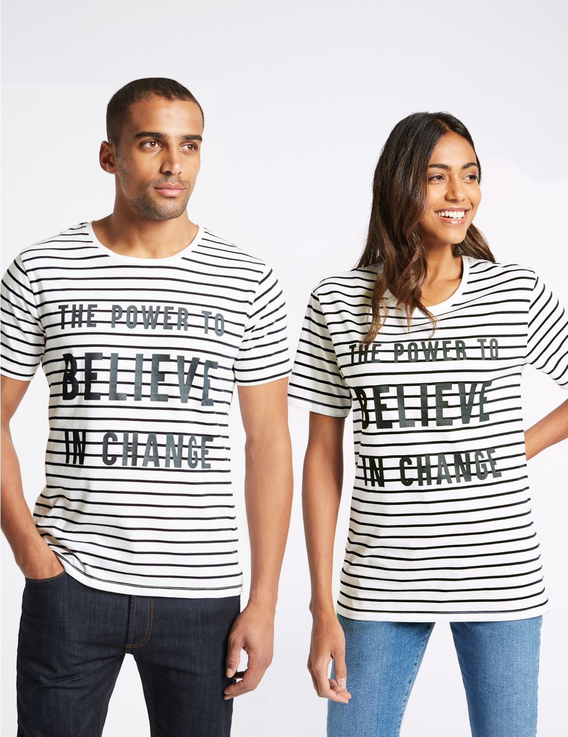 Marks & Spencer Unisex Pure Cotton Charity Striped Slogan T-Shirt - Navy - S