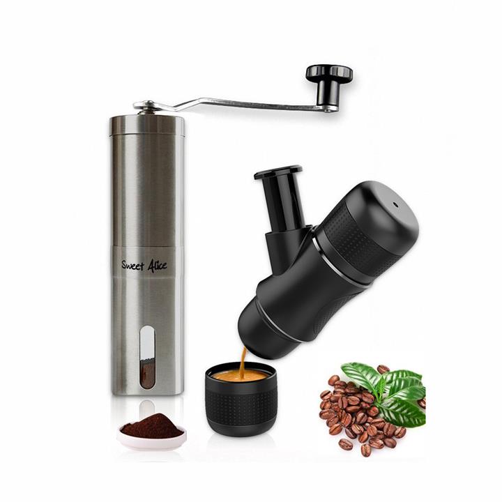 Manual Espresso Maker & Coffee Grinder Set Hand Grind and Brew Coffee Maker with Stainless Steel Blades Coffee Mill for Picnics Hiking Travelling Camp