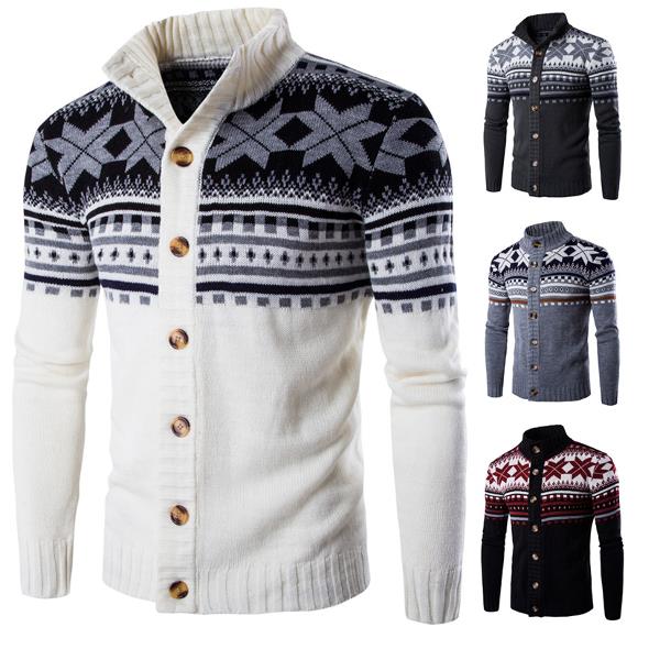 Mens Snowflake Printing Knitted Cardigan Sweater Single Breasted Stand Collar Sweater