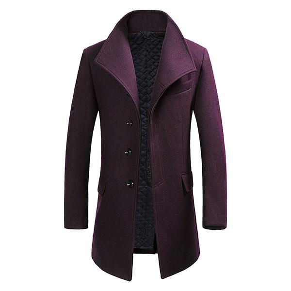 Mens Winter Single-breasted Woolen Blended Trench Coat Fashion Solid Color Overcoat