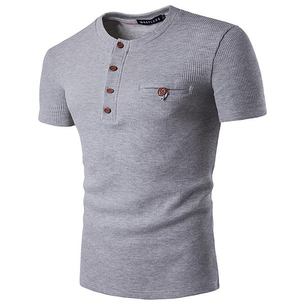 Mens Chest Color Henry Collar T-shirts Casual Single Breasted Short Sleeved T-shirt