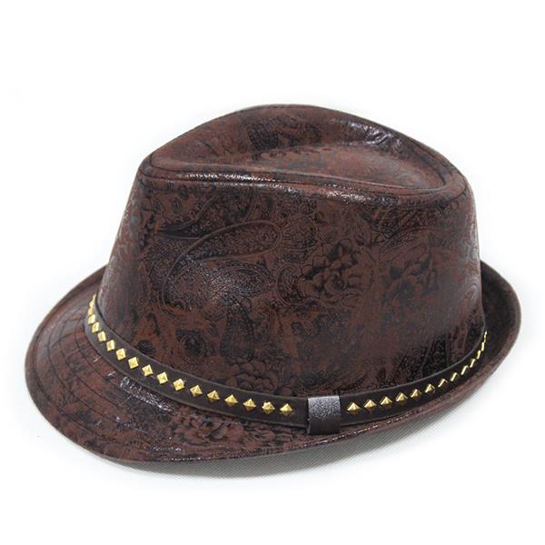 Men PU Leather Print Panama Jazz Cap Vintage Rivet Belt Flat Top Hat Cowboy Cap