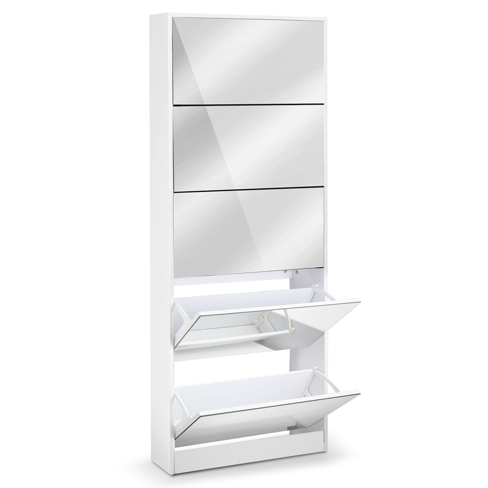 Mirrored Shoe Cabinet Storage 5 Drawers Shelf (White)