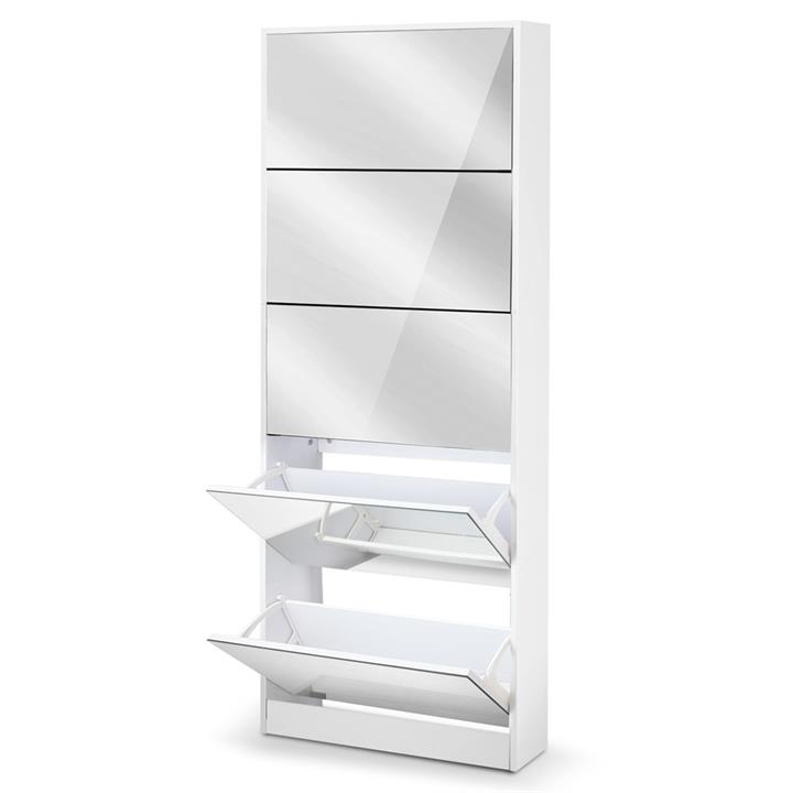 Mirrored Shoe Cabinet Rack 25 Pair Storage Organizer WIth 5 Drawers White