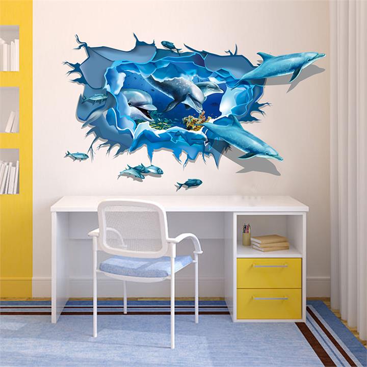 Miico Creative 3D Sea Dolphins Removable Home Room Decorative Wall Door Decor Sticker